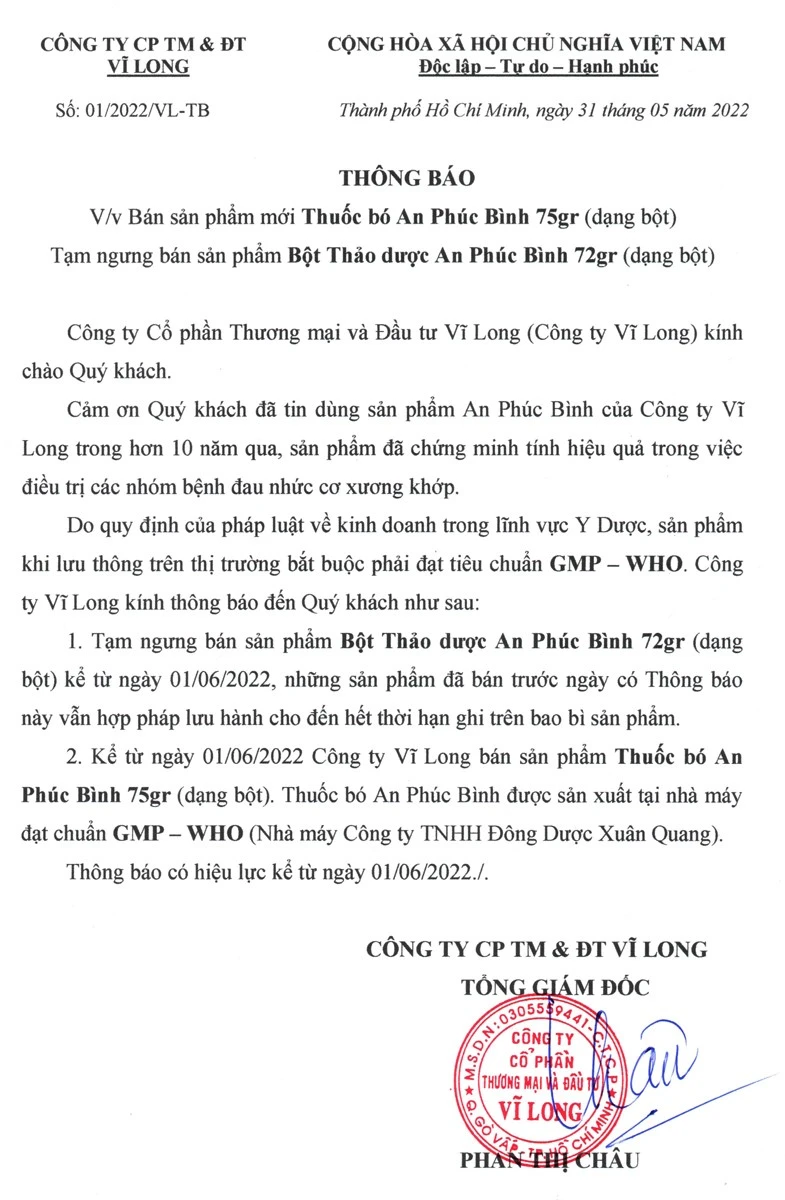 Thong Bao Ve Viec Ban San Pham Moi Thuoc Bo An Phuc Binh 75gr Dang Bot